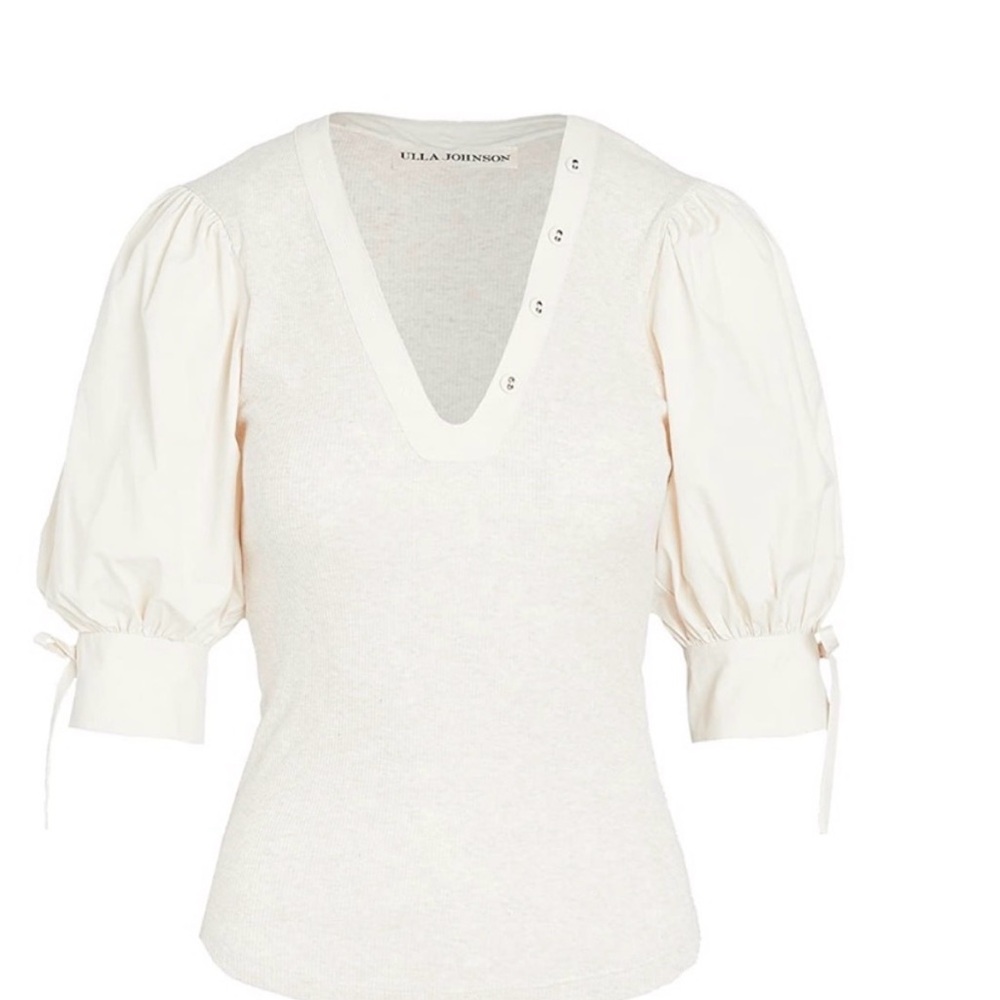 Ulla Johnson Ivory V-Neck Blouse with Puff Sleeves
